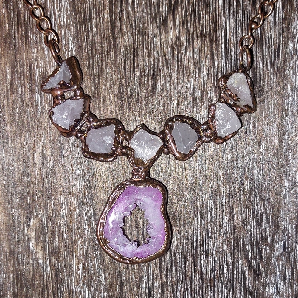Pink Solar Quartz Druzy and Raw Rose Quartz Electroform Copper Necklace